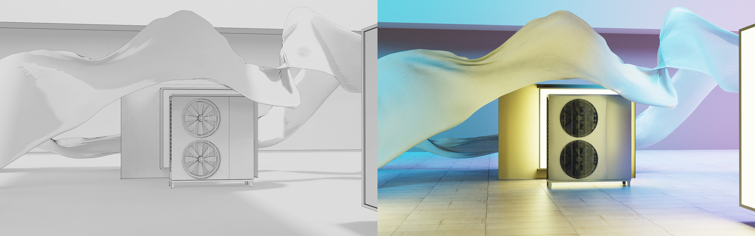 Vorher-Nachher: Produktvisualisierung Wärmepumpe – Rohmodell und finales KeyShot-Rendering nach DOSCH Key-Optimize